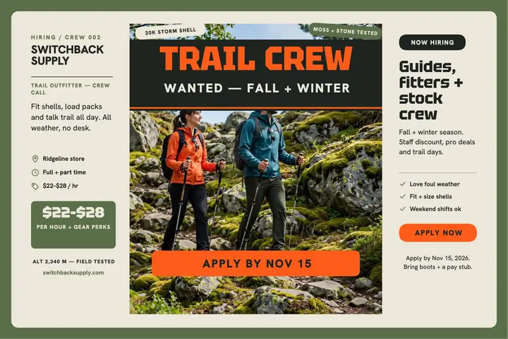 Switchback Supply trail crew hiring postcard: trail crew hiring postcard template