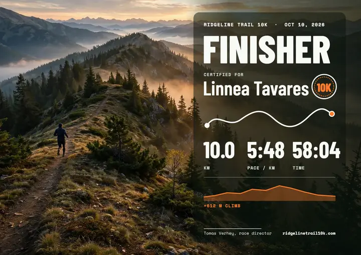 Trail 10K finisher stats certificate template