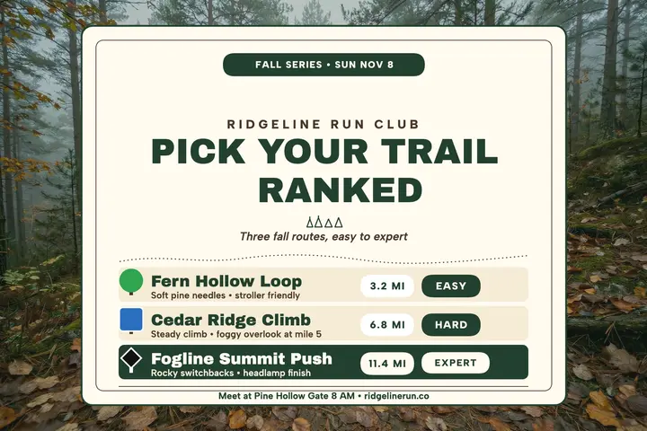 Ridgeline fall trail ranking postcard: trail run postcard template