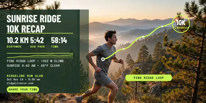 Ridgeline Run Club 10K stats card template