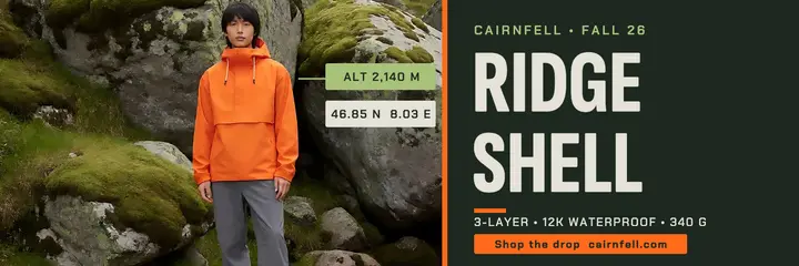 Cairnfell Ridge Shell trail editorial header: outdoor jacket x header template