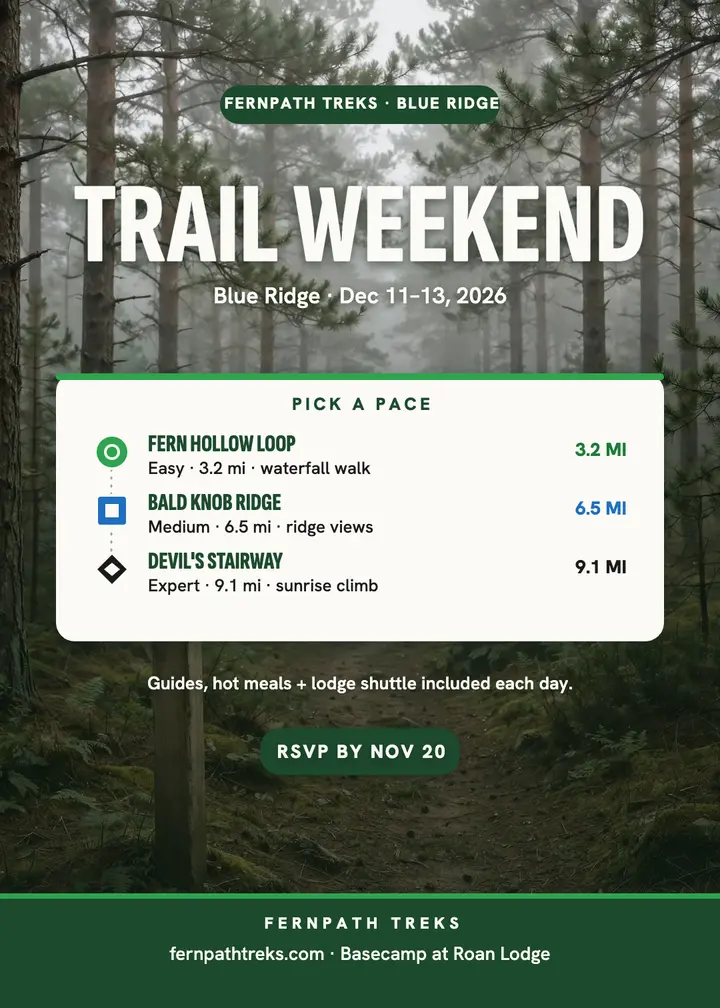 Fernpath Treks Blue Ridge trail weekend invitation: trail weekend invitation template