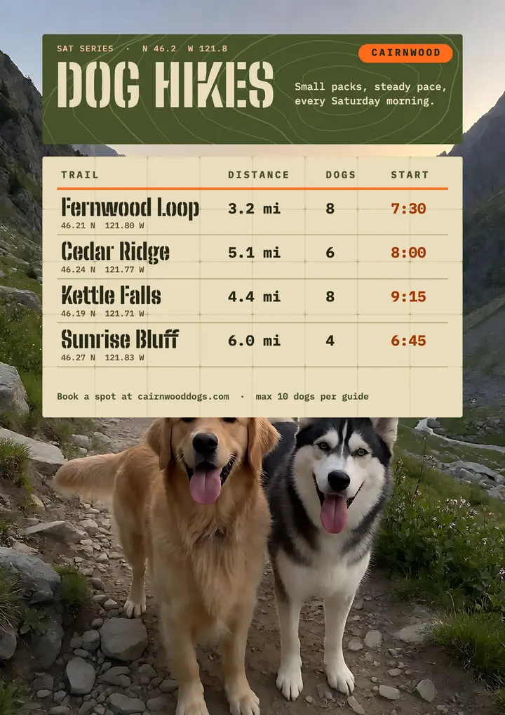 Cairnwood dog hikes schedule flyer template