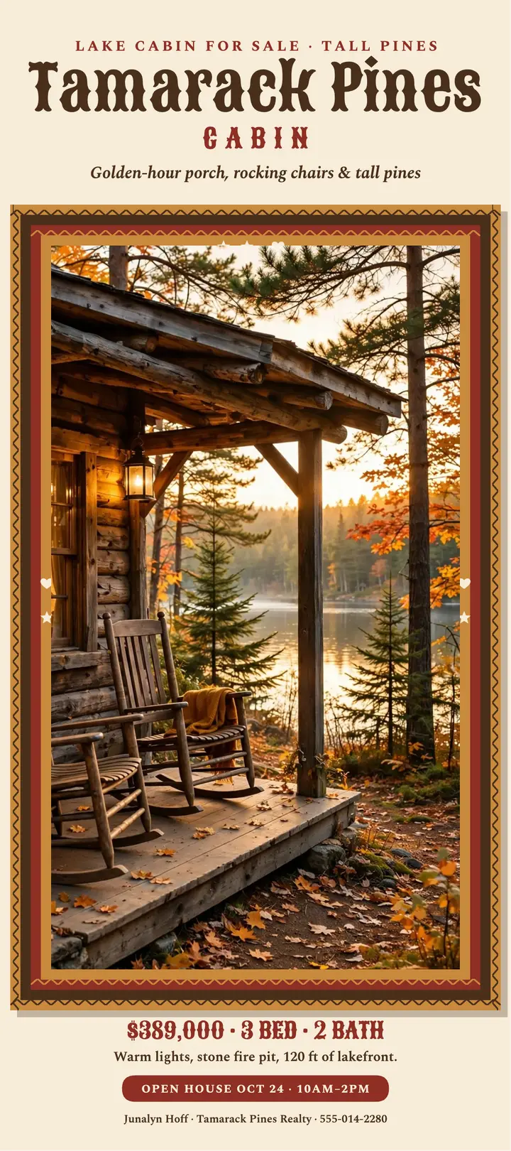 Tamarack Pines cabin listing rack card: cabin listing flyer template