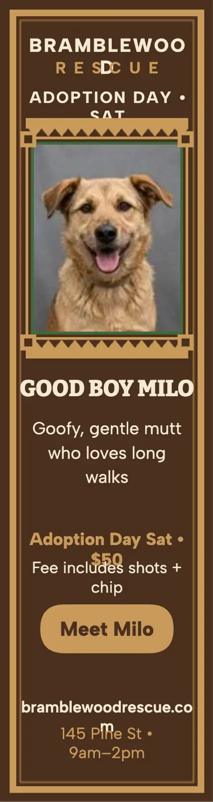 Bramblewood Milo adoption skyscraper: dog adoption ad template