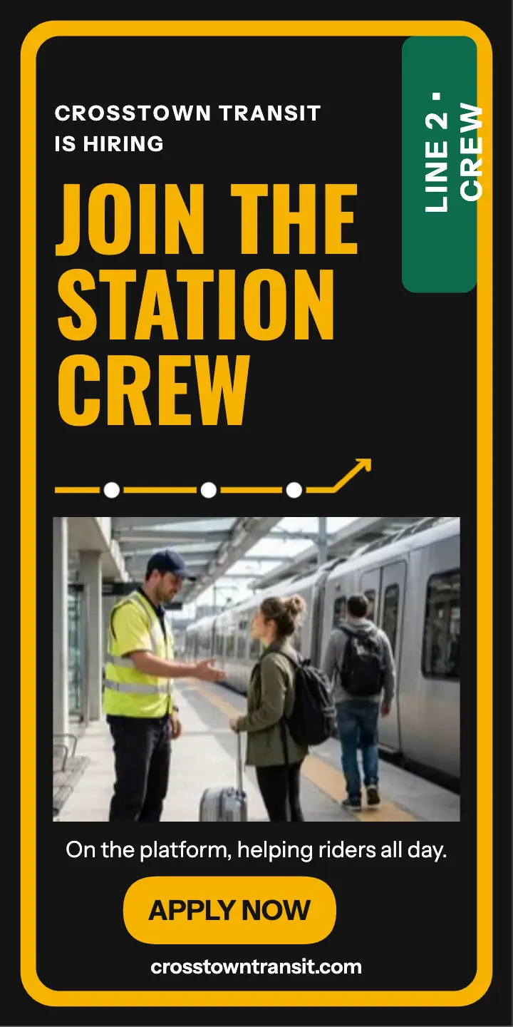 Crosstown Transit station crew hiring ad: transit hiring ad template
