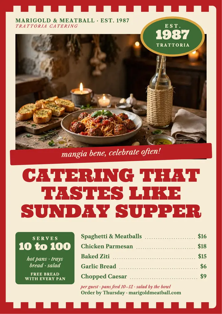 Marigold and Meatball catering menu flyer template