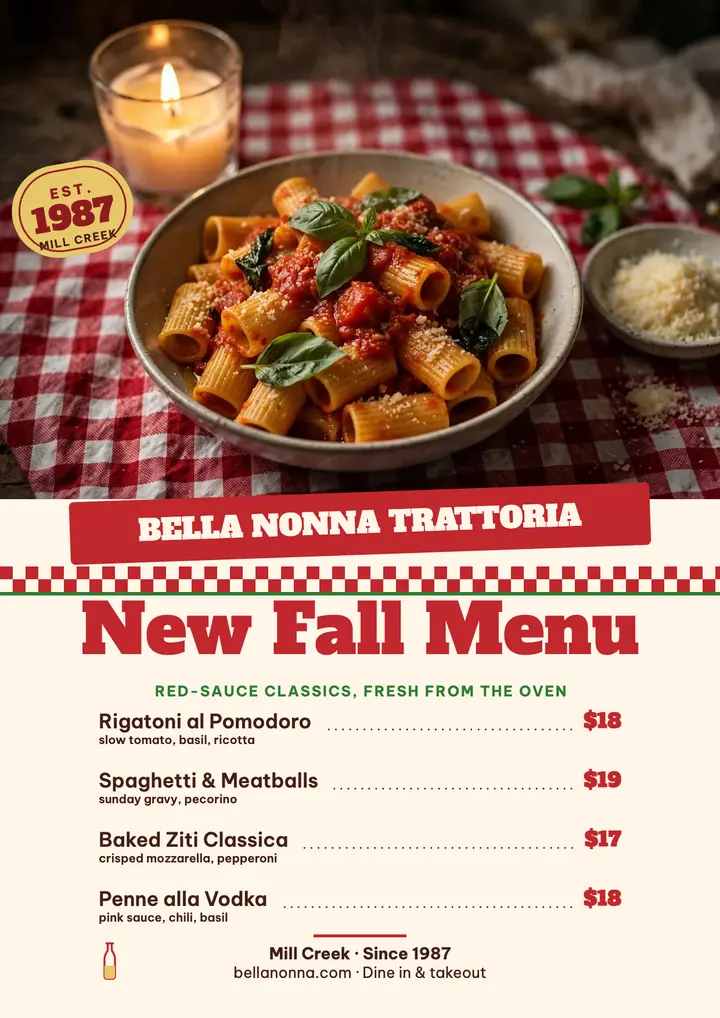 Bella Nonna Trattoria fall menu flyer template