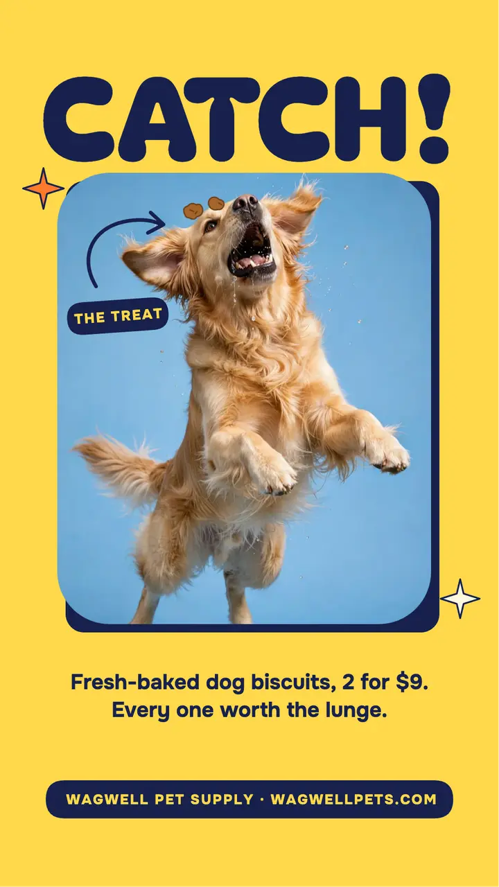 Wagwell dog biscuit catch story: pet shop treat story template