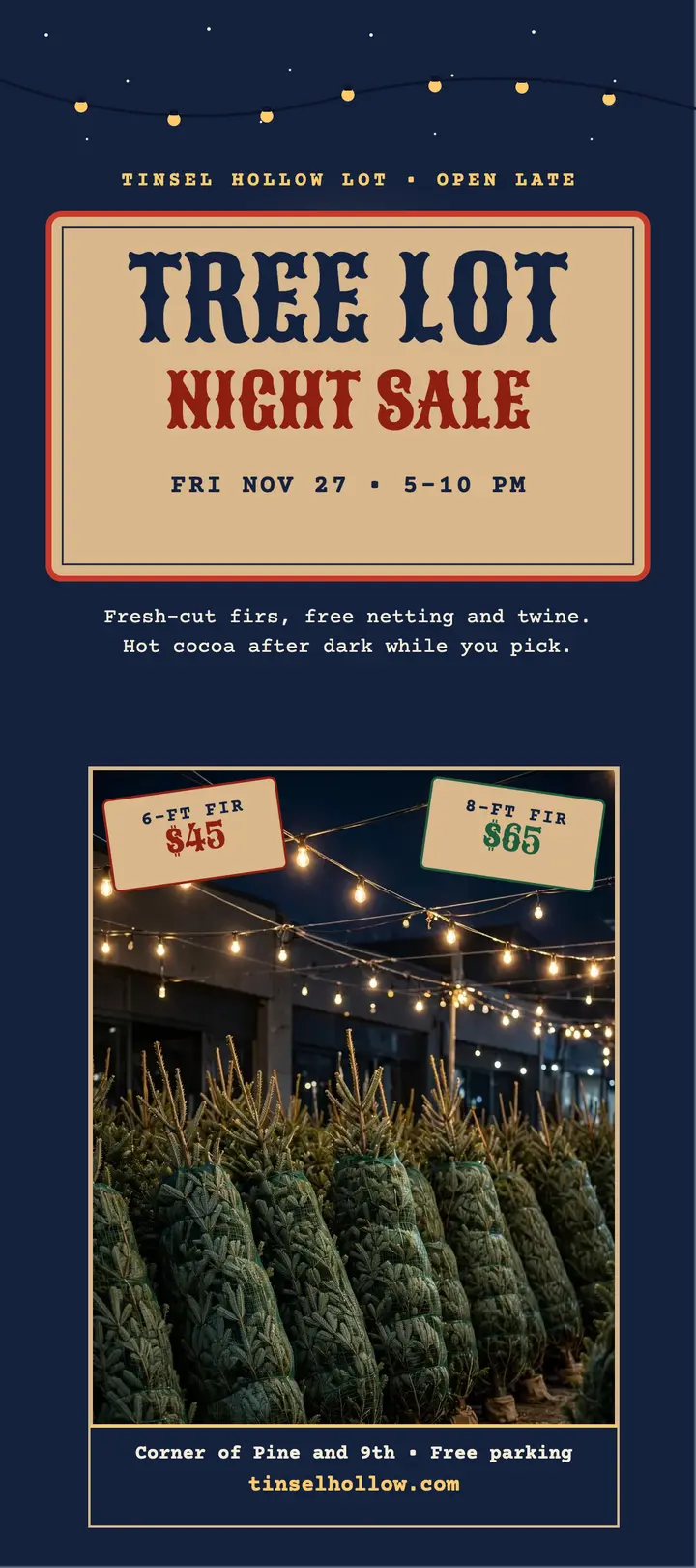 Tinsel Hollow Lot night sale rack card template