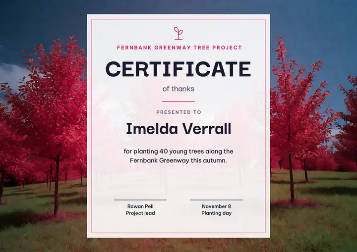 Fernbank Greenway tree planting certificate, infrared bloom template