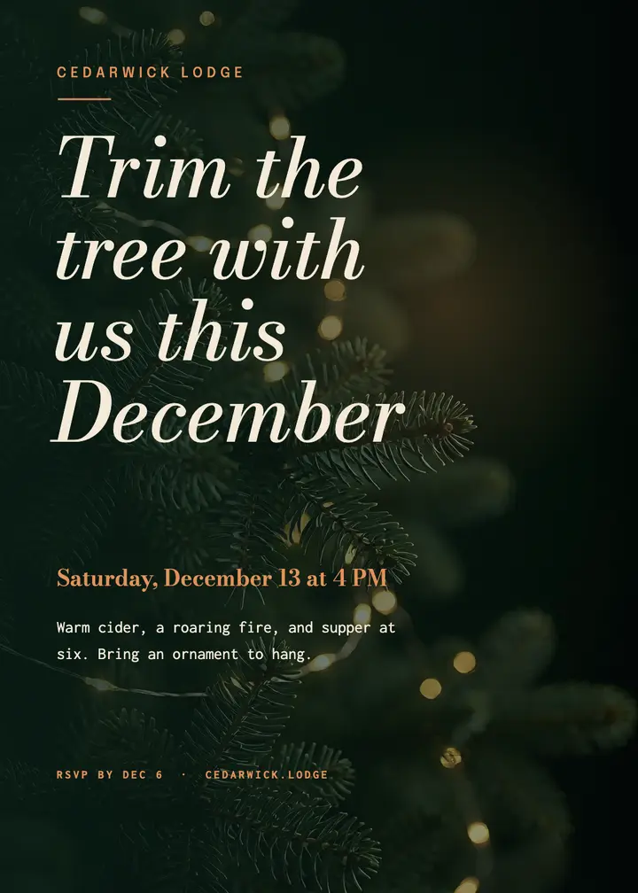 Cedarwick Lodge tree trimming party invitation, moody holiday glow template