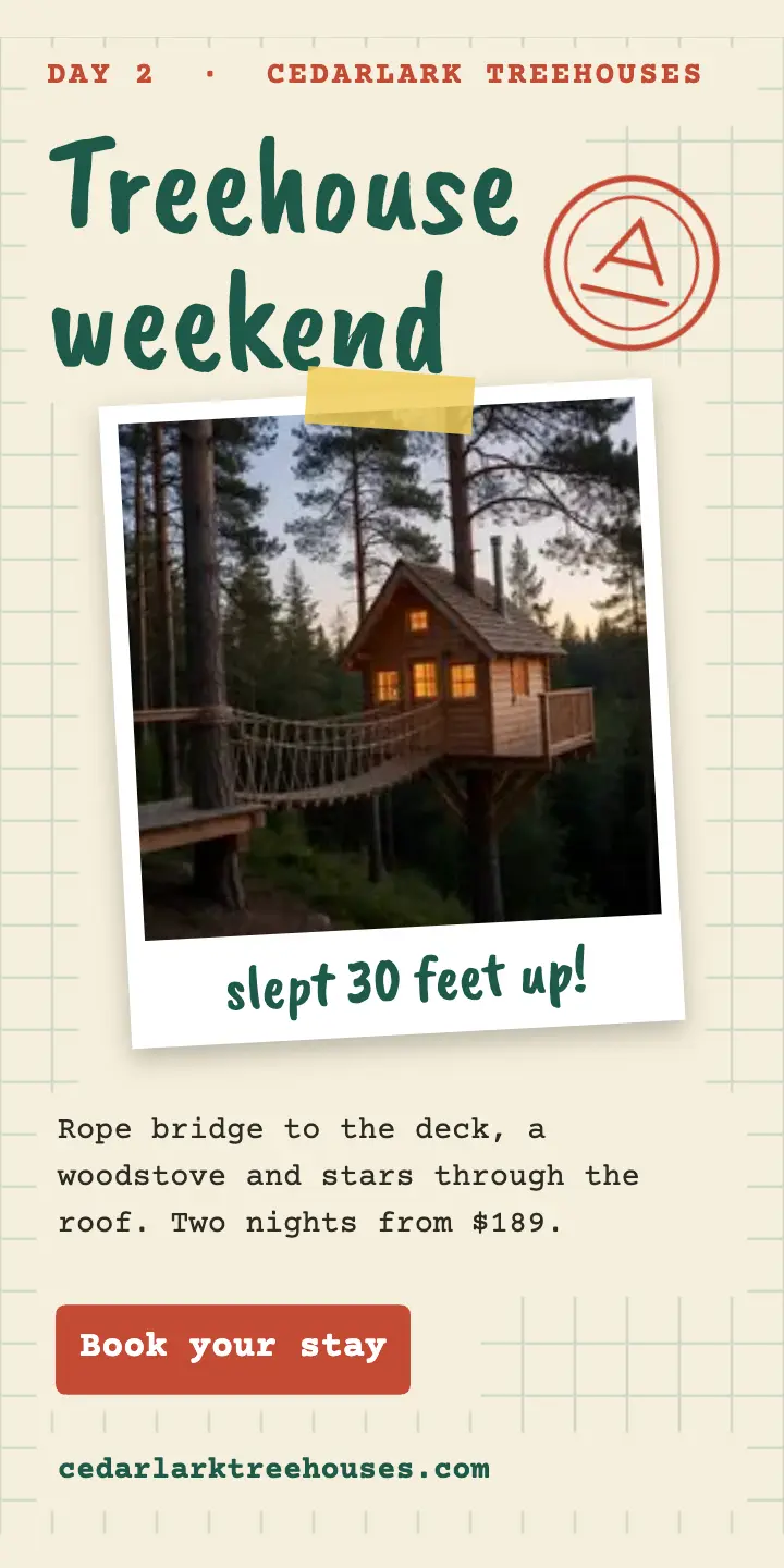 Cedarlark Treehouses weekend stay half-page ad 300x600, travel journal: treehouse stay half page ad template