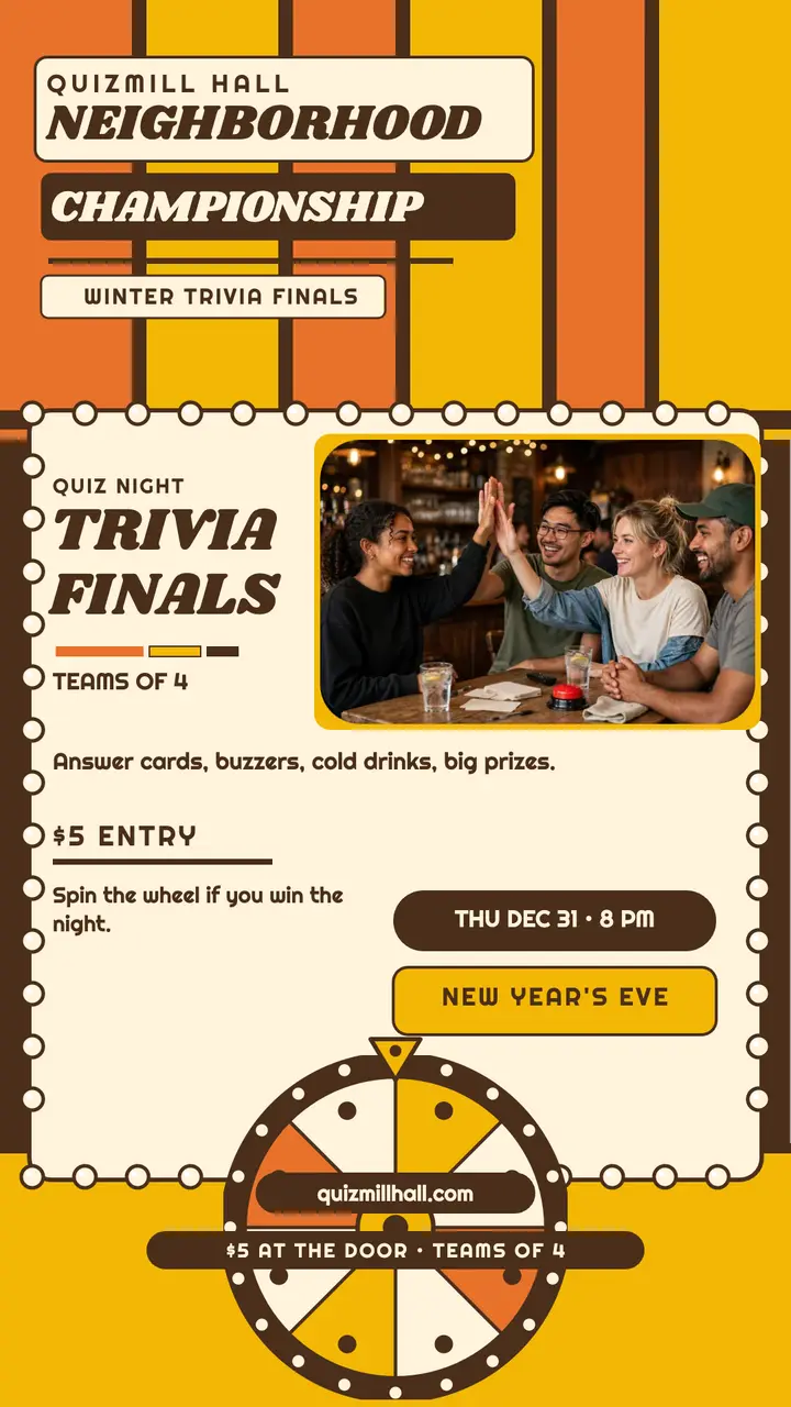Quizmill Hall trivia finals game show story template