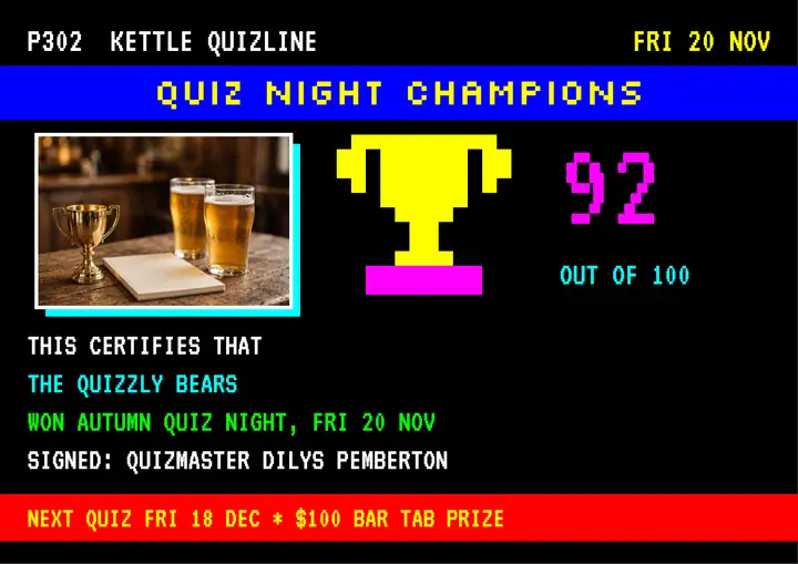 Kettle Quizline champions page: quiz night champions certificate template