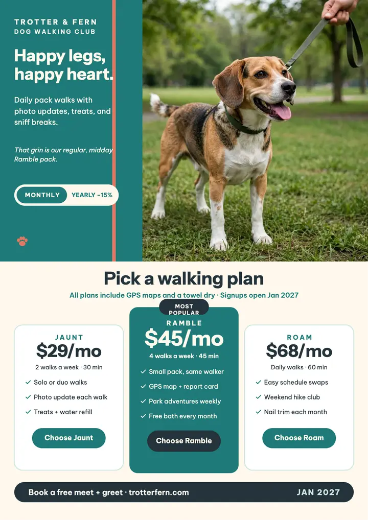 Trotter and Fern walking plans flyer: dog walking plans flyer template