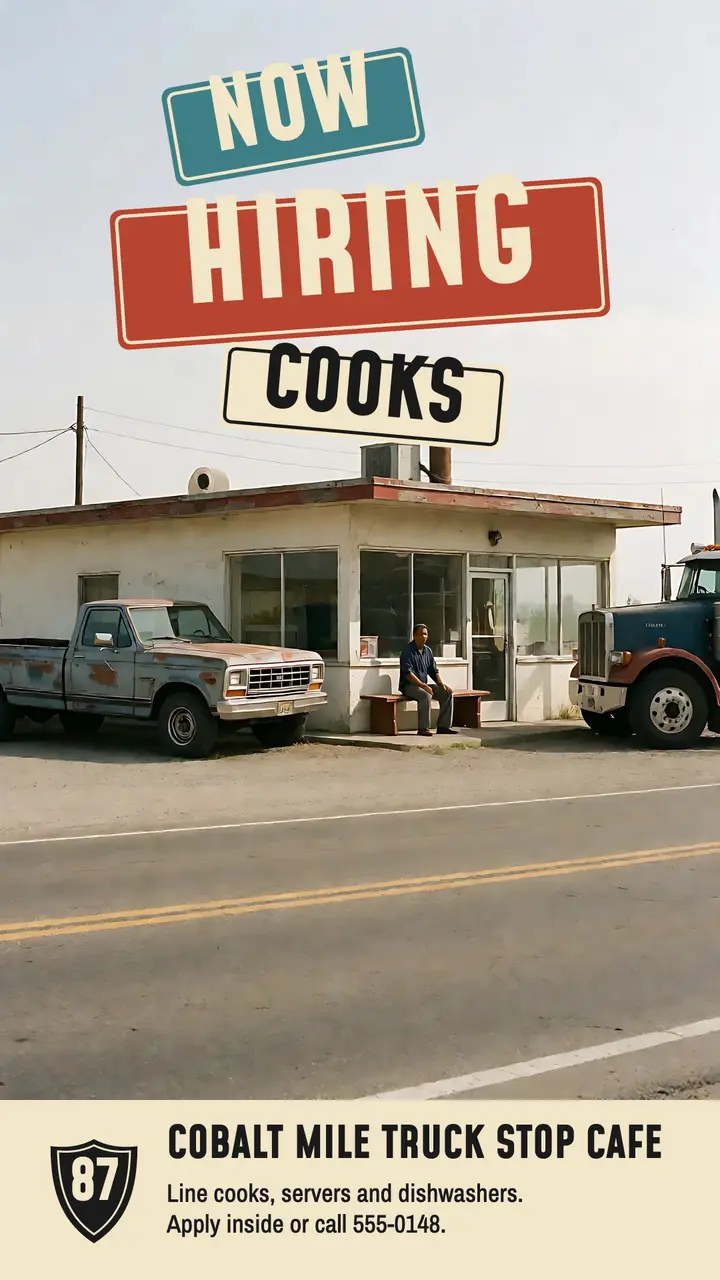 Cobalt Mile truck stop cafe hiring story, roadside Americana template