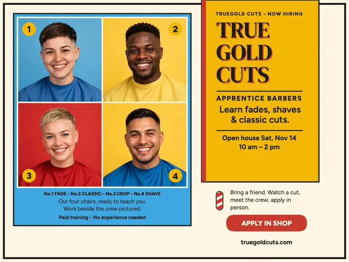 Truegold Cuts apprentice hiring slide: barbershop hiring slide template