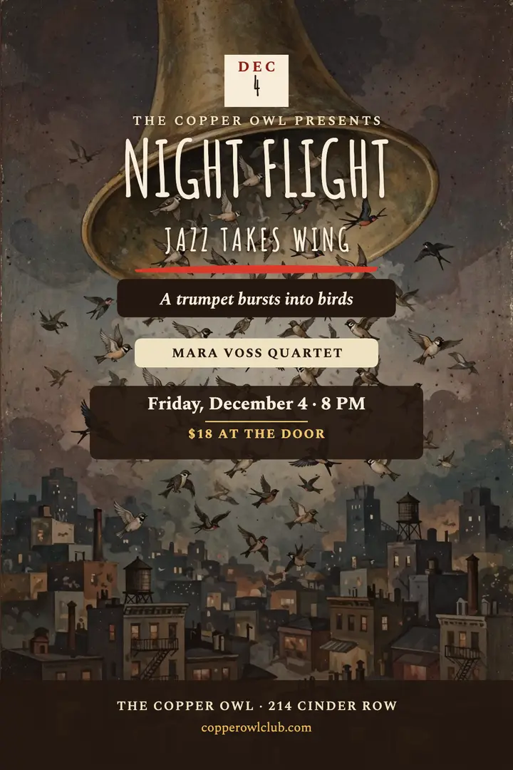 Night Flight jazz gig poster, Copper Owl template