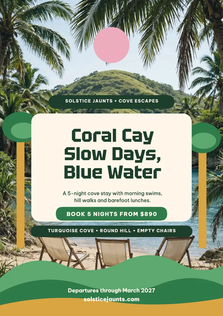 Solstice Jaunts Coral Cay getaway flyer template
