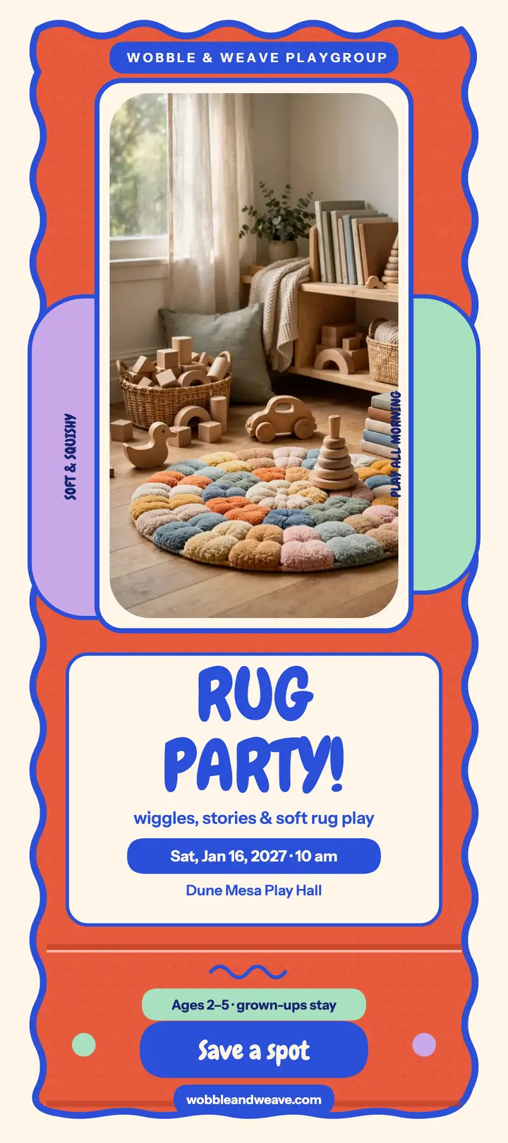 Wobble and Weave rug party invite: playgroup party invite template