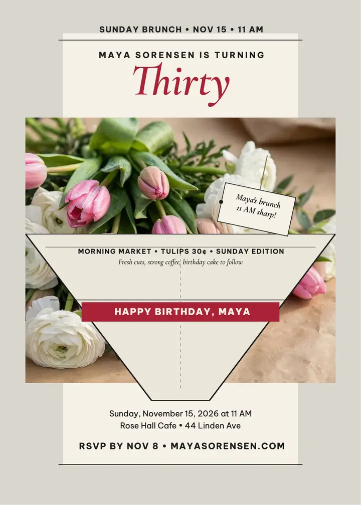 Tulip birthday bouquet invitation: birthday brunch invitation template
