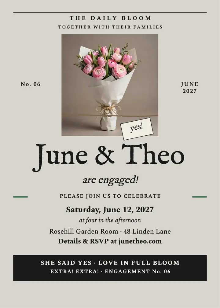 June and Theo tulip engagement invitation template