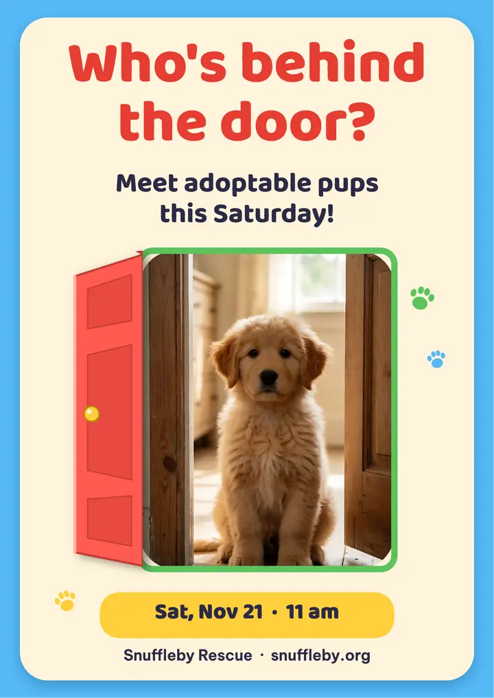 Snuffleby Rescue adoption day flyer, lift-the-flap door template