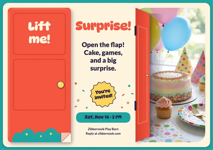 Zibbernook Play Barn birthday invitation, lift-the-flap template
