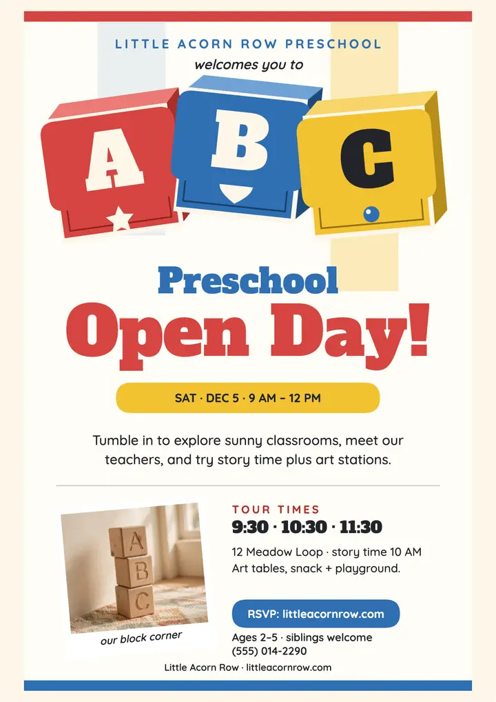 Little Acorn Row preschool open day flyer template