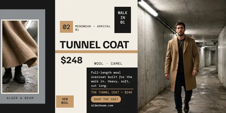 Alder and Beam tunnel coat arrival post template