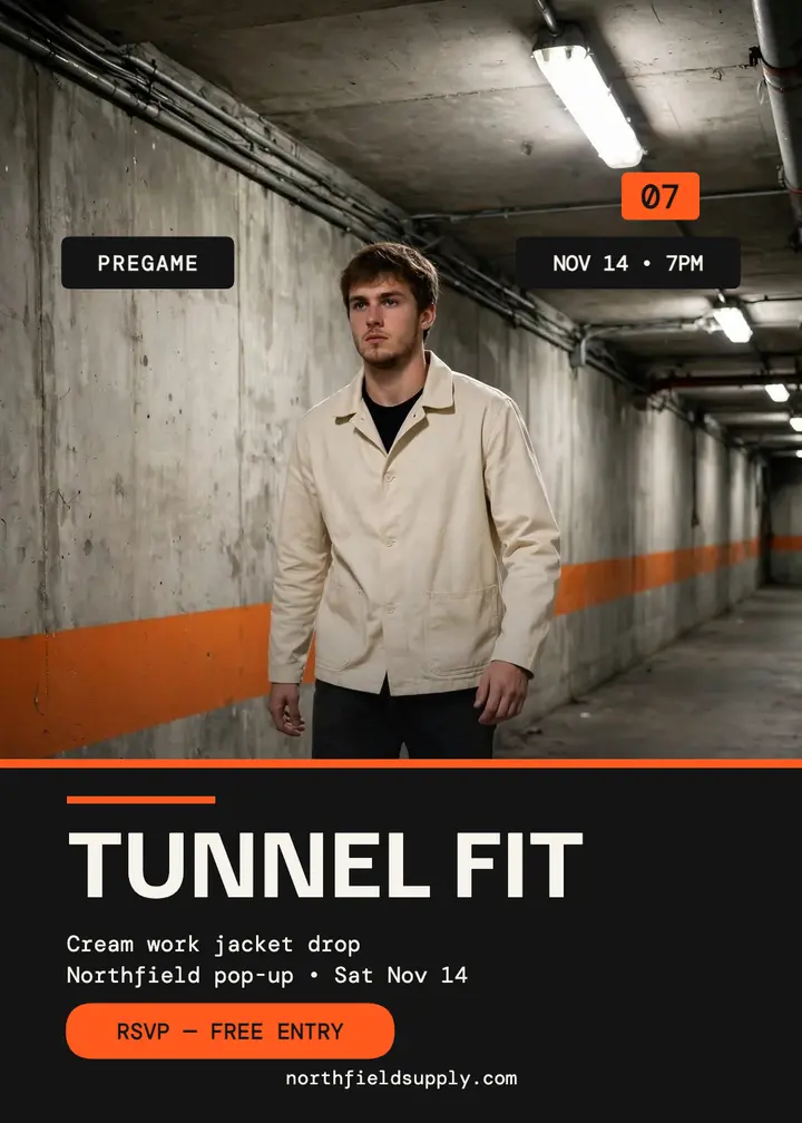 Northfield tunnel walk pop-up invitation: menswear pop-up invitation template