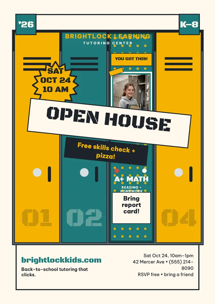 Brightlock tutoring locker open house flyer: tutoring open house flyer template