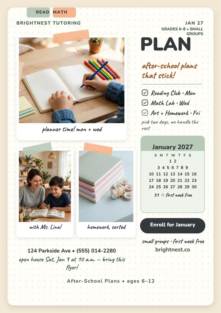 Brightnest after-school planner flyer: tutoring flyer template