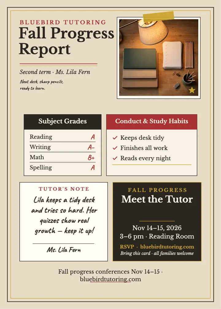 Bluebird Tutoring progress report invitation template