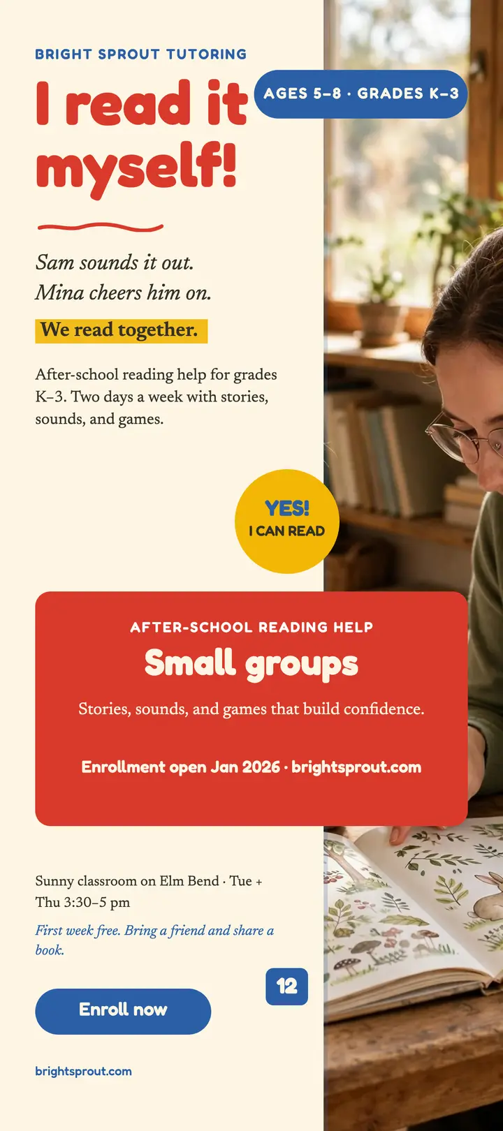 Bright Sprout reading help rack card: tutoring rack card template