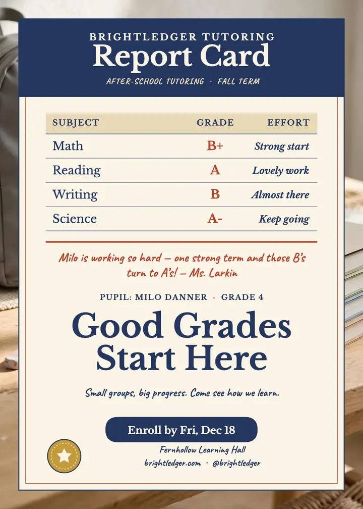 Brightledger tutoring report card invitation template