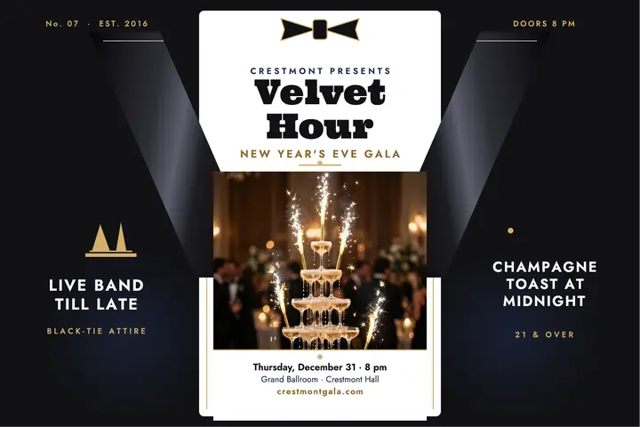 Velvet Hour New Year gala tuxedo postcard: new year gala postcard template
