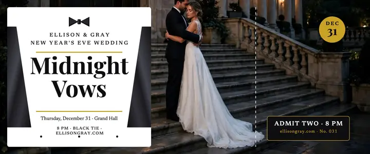 Midnight Vows tuxedo wedding ticket: new year's eve wedding ticket template