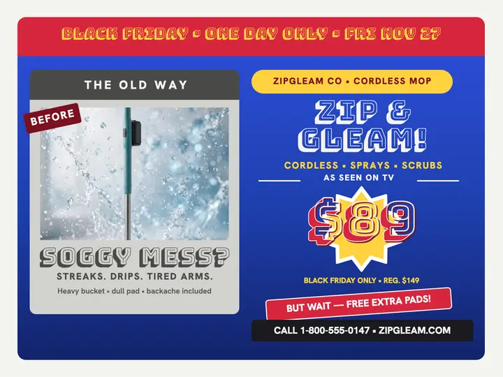 Zipgleam cordless mop TV deal slide template