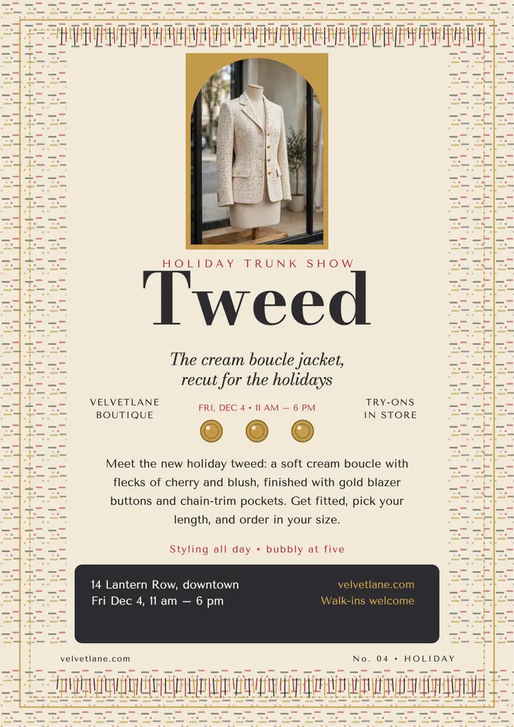 Velvetlane tweed jacket trunk show flyer template