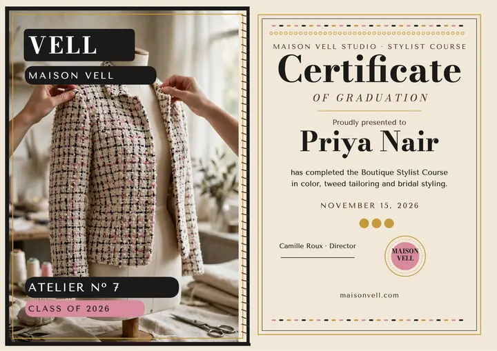 Maison Vell tweed stylist certificate template