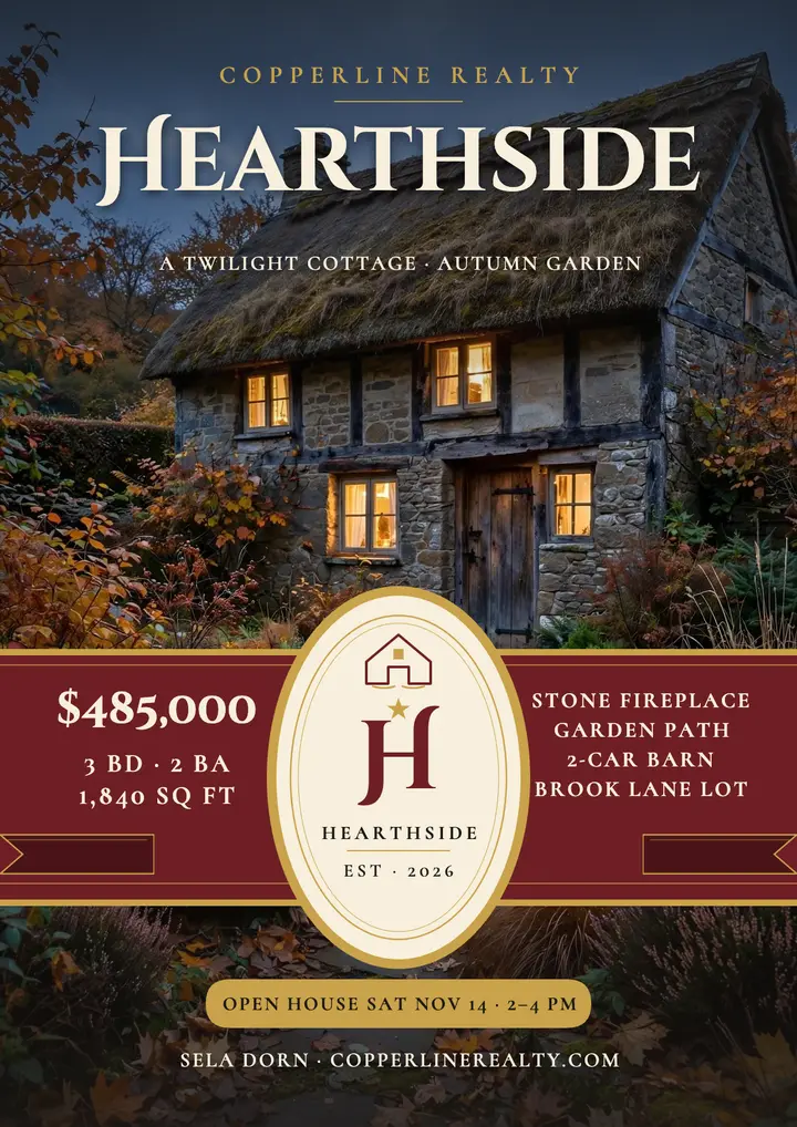 Hearthside twilight cottage crest flyer template