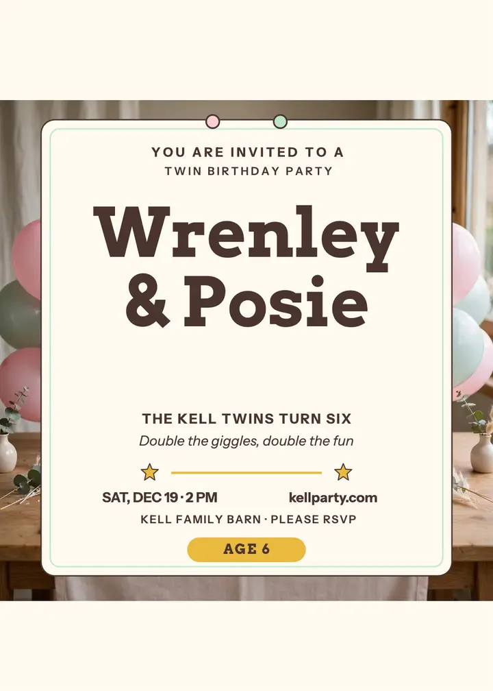 Wrenley and Posie twin birthday invitation template
