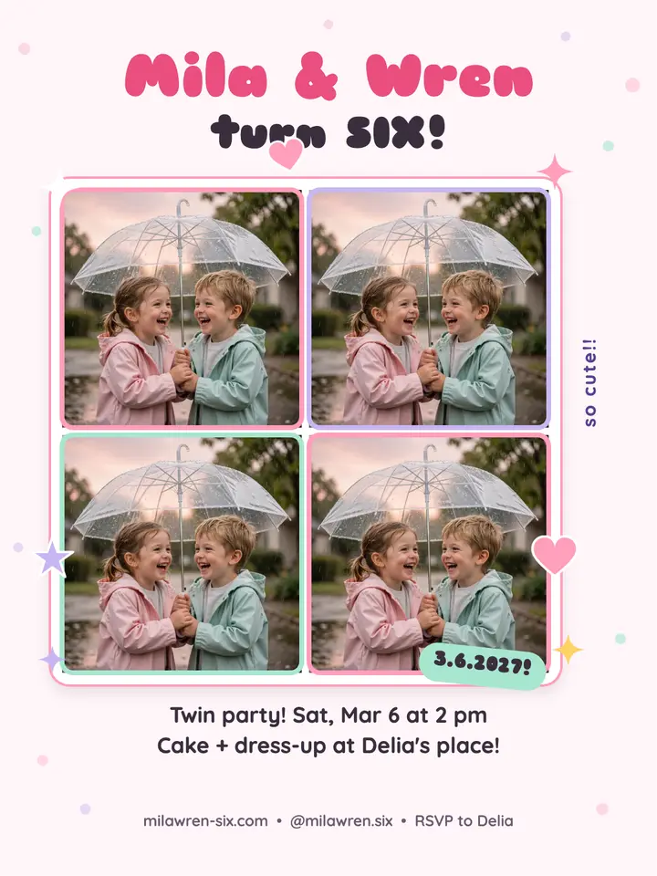 Mila and Wren twin birthday purikura template