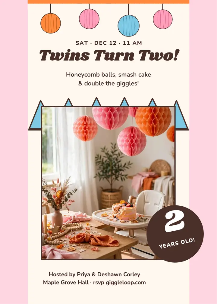 Corley twins second birthday honeycomb invite: twins birthday invitation template