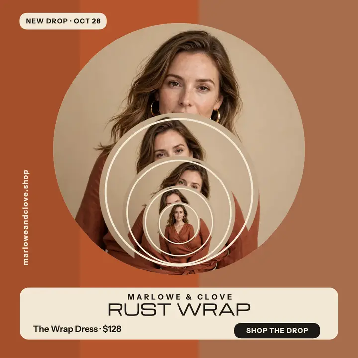 Marlowe and Clove rust wrap dress drop template