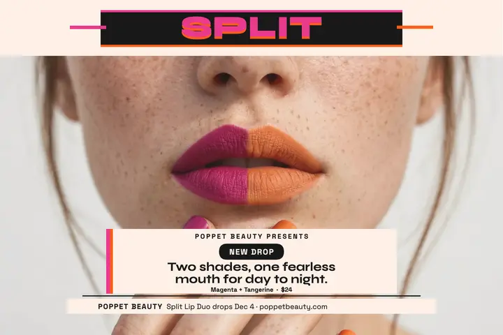 Poppet Beauty split lip duo postcard: lip duo launch postcard template