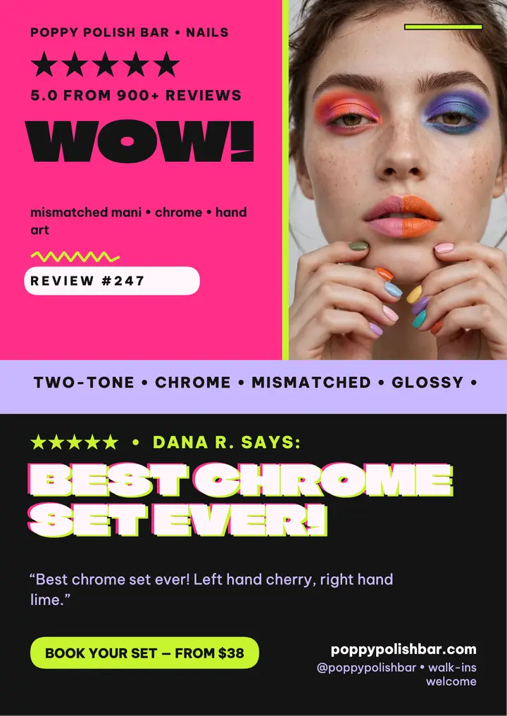 Poppy Polish Bar two-tone review flyer template