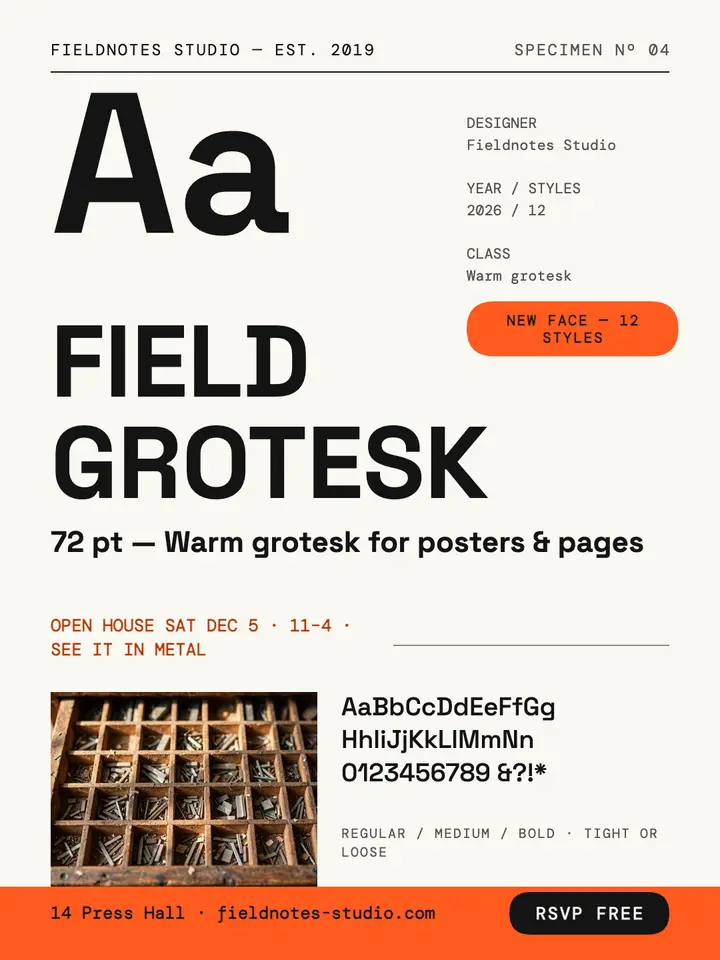 Field Grotesk specimen open house portrait: type specimen open house template